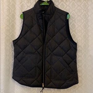 J. Crew Charcoal puffer vest, black trim, medium